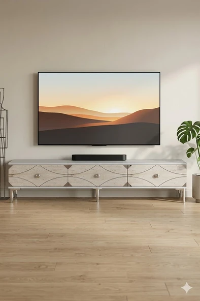 TSA1897BTS ALFA Tv Sehpası Beyaz-Traverten-Silver 180cm ürün görseli 1