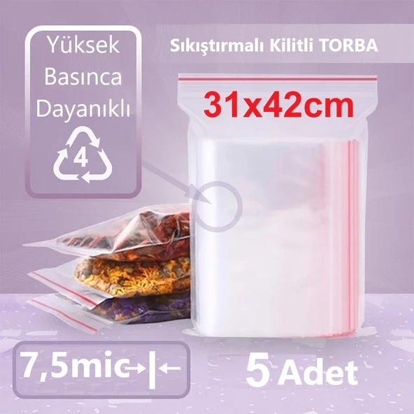 Kilitli Şeffaf Torba 31x42 Cm Aksesuar,Madeni para,Boncuk ve Buzdolabı Saklama Poşeti (5adet) ürün görseli 1