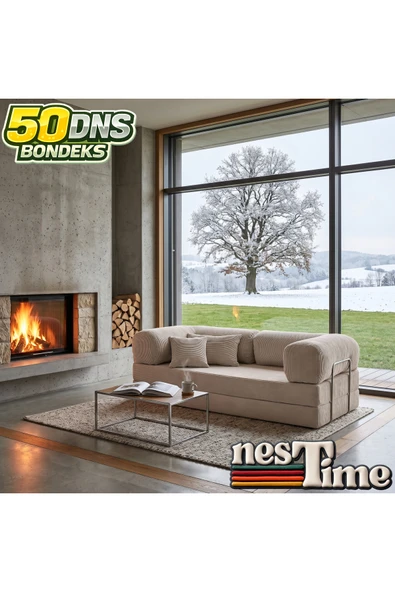NESTİME 200x100 ComfortNest Fitilli Kadife Kanepe| Yatak Olabilen, Dayanıklı Orta Sert Sünger. Krem ürün görseli 1