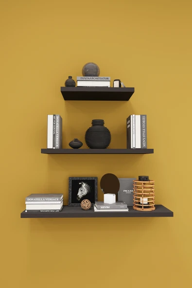 Modern 3'lü Uçan Raf Çok Amaçlı Duvar Rafı Organizer %100 MDF Kitaplık Mutfak Banyo Rafı DRF05  KOYU GRİ ürün görseli 1
