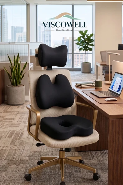 Ortopedik 3'Lü Visco Bel Destek & Oturma Minderi ve Boyun Destek Yastığı - Ofis, Araç, Ev Çalışma Sandalyesi İçin ürün görseli 1
