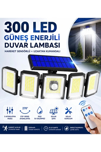 SolarMax 300 LED Güneş Enerjili 5 Panelli Hareket Sensörlü Uzaktan Kumandalı Dış Mekan Duvar Lambası ürün görseli 1