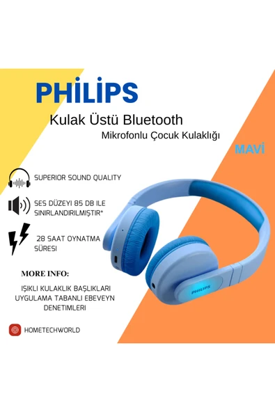 Philips Kablosuz Kulak Üstü Bluetooth Mikrofonlu Çocuk Kulaklığı Mavi M ürün görseli 1