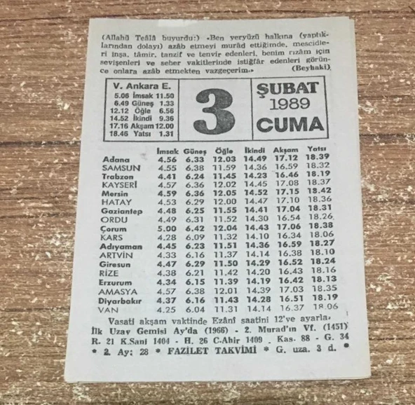 3 ŞUBAT 1989 CUMA ( Fazilet Takvimi Yaprağı )(Sahafiye Kitap) ürün görseli 1
