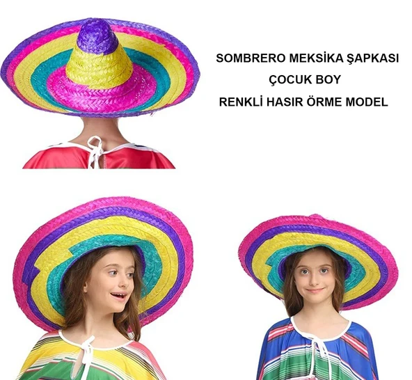 Sombrero Meksika Şapkası Renkli Örme Hasır Çocuk Boy ürün görseli 1
