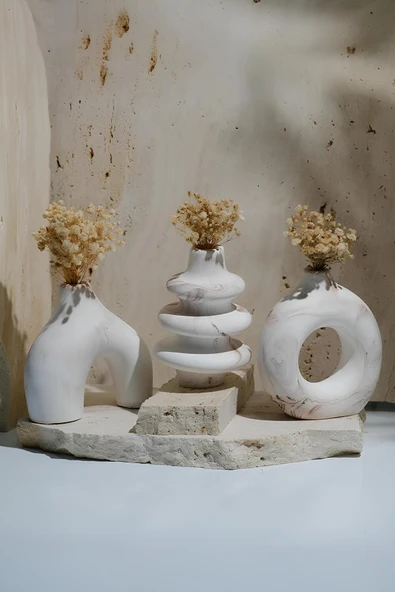 Betonmall İskandinav Boho 3'lü Vazo Seti - Mermer Desenli Donut Soyut Form - Minimalist Salon Masa Süsü ürün görseli 1