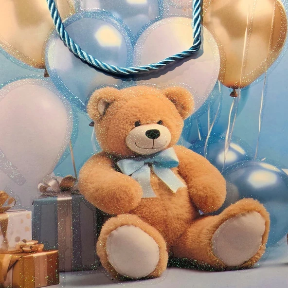 Ayıcık Desenli Mavi Büyük Boy Karton Hediye Çantası ürün görseli 1