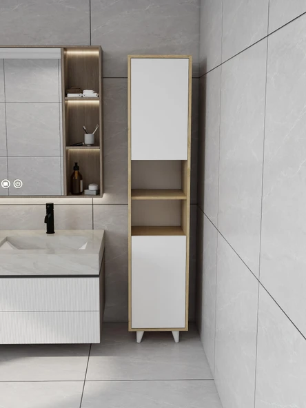 Riva Çamaşır Sepetli Banyo Dolabı Lefkaş Meşe Renk ürün görseli 1