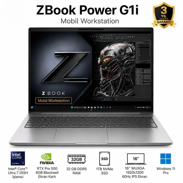 HP ZBook Power ZX G1i B30HMES Ultra 7 255H 32GB 1TB SSD RTX Pro 500 6GB Blackwell 16" WUXGA Win11Pro ürün görseli 1