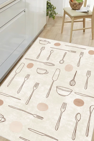 Bej Çatal Kaşık Desenli Baskılı Kaymaz Yıkanabilir Mutfak Halısı Yolluk 100 x 150 cm Bej ürün görseli 1