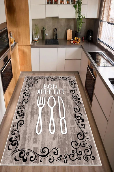 Bon Appetit Yazılı Desenli Baskılı Kaymaz Yıkanabilir Mutfak Halısı Yolluk 160 x 230 cm Bej ürün görseli 1