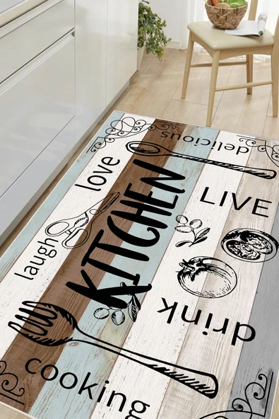 Mutfak Desenli Kitchen Yazılı Baskılı Kaymaz Yıkanabilir Mutfak Halısı Yolluk 80 x 150 cm Çok Renkli ürün görseli 1