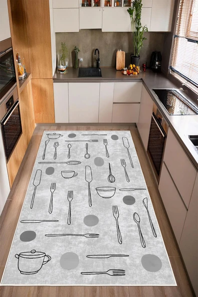 Bej Çatal Kaşık Desenli Baskılı Kaymaz Yıkanabilir Mutfak Halısı Yolluk 80 x 150 cm Gri ürün görseli 1