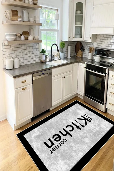 Kitchen Yazılı Gri Çerçeve Desenli Baskılı Kaymaz Yıkanabilir Mutfak Halısı Yolluk 80 x 250 cm Gri ürün görseli 1