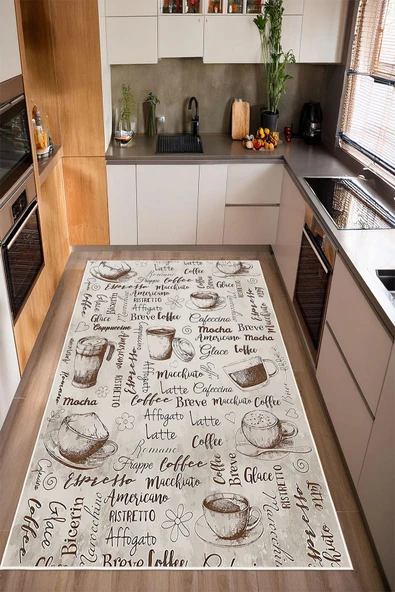 Kahve Fincan Desenli Baskılı Kaymaz Yıkanabilir Mutfak Halısı Yolluk 80 x 300 cm Bej ürün görseli 1