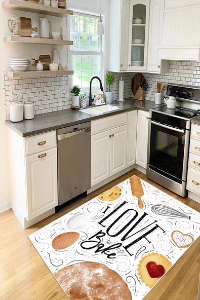 Love Bake Yazılı Mutfak Desenli Baskılı Kaymaz Yıkanabilir Mutfak Halısı Yolluk 200 x 290 cm Çok Renkli ürün görseli 1