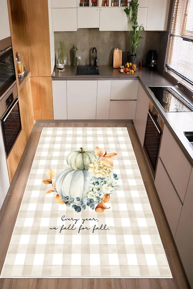 Sonbahar Temalı Balkabağı Desenli Baskılı Kaymaz Yıkanabilir Mutfak Halısı Yolluk 160 x 250 cm Çok Renkli ürün görseli 1