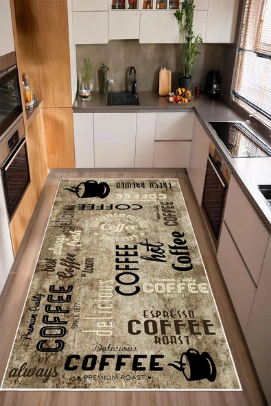 Kahve Tema Desenli Baskılı Kaymaz Yıkanabilir Mutfak Halısı Yolluk 200 x 300 cm Bej ürün görseli 1