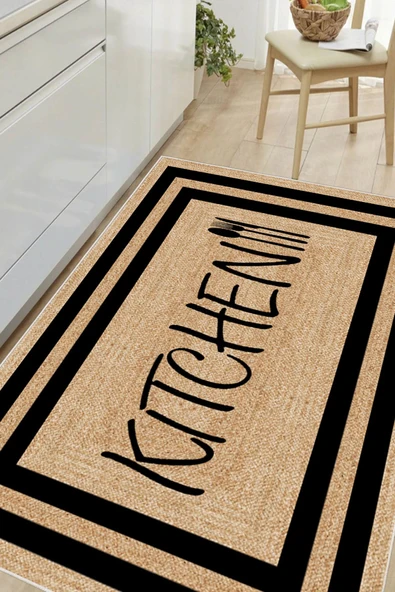 Çerçeveli Kitchen Yazılı Baskılı Kaymaz Yıkanabilir Mutfak Halısı Yolluk 100 x 400 cm Siyah ürün görseli 1