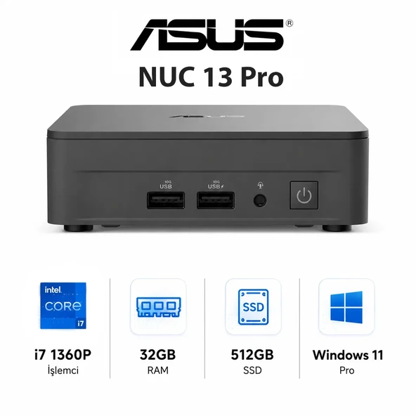 Asus NUC13 Pro Slim Kit NUC13ANKI7 Intel Core i7 1360P 32GB Ram 512GB SSD   Windows 11 Pro  Mini Masaüstü PCSıfır ürün görseli 1