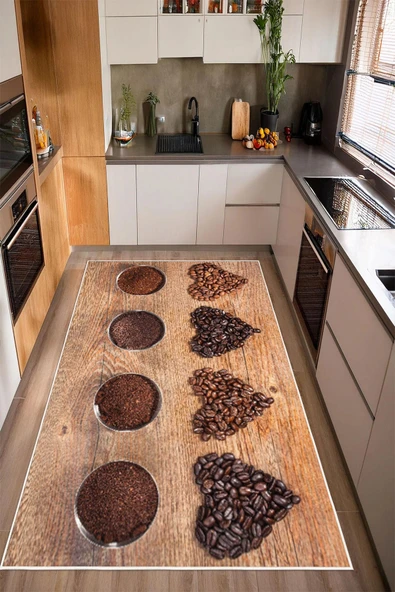 Fincan ve Kahve Desenli Baskılı Kaymaz Yıkanabilir Mutfak Halısı Kahve Köşesi Halısı Yolluk 100 x 250 cm Kahverengi ürün görseli 1