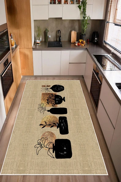 Modern Vazo Desenli Baskılı Kaymaz Yıkanabilir Mutfak Halısı Yolluk 80 x 250 cm Bej ürün görseli 1