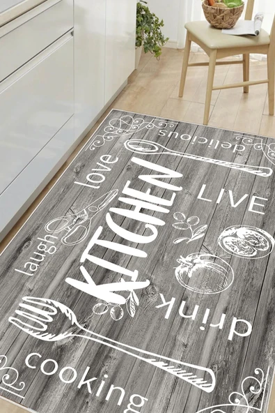 Mutfak Desenli Kitchen Yazılı Baskılı Kaymaz Yıkanabilir Mutfak Halısı Yolluk 100 x 300 cm Gri ürün görseli 1