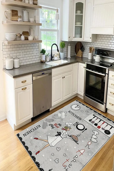 Mutfak Temalı Kitchen Yazılı Baskılı Kaymaz Yıkanabilir Mutfak Halısı Yolluk 160 x 250 cm Gri ürün görseli 1