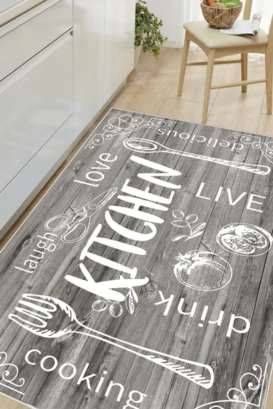 Mutfak Desenli Kitchen Yazılı Baskılı Kaymaz Yıkanabilir Mutfak Halısı Yolluk 200 x 300 cm Gri ürün görseli 1
