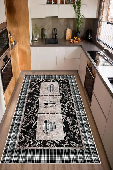 Mutfak Temalı Dijital Baskılı Kaymaz Yıkanabilir Mutfak Halısı Yolluk 200 x 250 cm Siyah ürün görseli 1