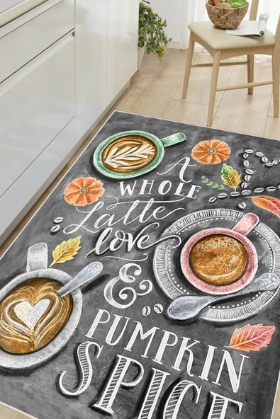 Yazılı Kahve Desenli Baskılı Kaymaz Yıkanabilir Mutfak Halısı Yolluk 160 x 250 cm Gri ürün görseli 1