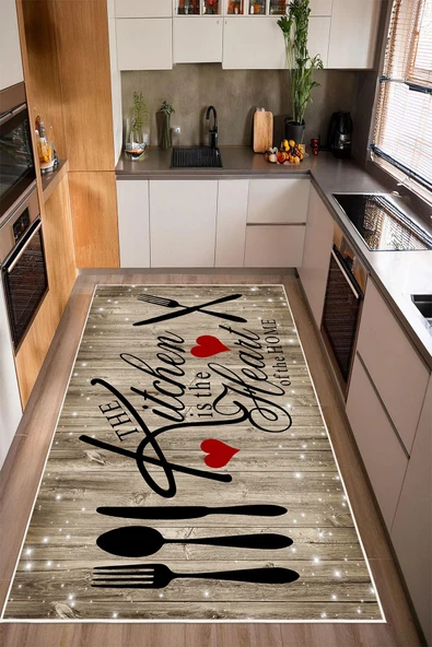 Mutfak Temalı Baskılı Kaymaz Yıkanabilir Mutfak Halısı Yolluk 80 x 200 cm Bej ürün görseli 1