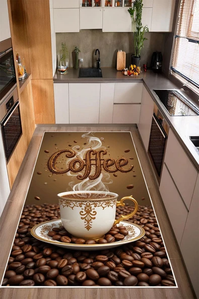 Coffee Yazılı Baskılı Kaymaz Yıkanabilir Mutfak Halısı Kahve Köşesi Halısı Yolluk 100 x 250 cm Kahverengi ürün görseli 1
