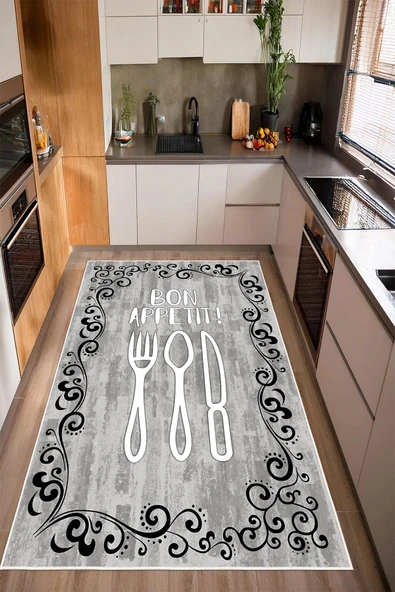 Bon Appetit Yazılı Desenli Baskılı Kaymaz Yıkanabilir Mutfak Halısı Yolluk 60 x 100 cm Gri ürün görseli 1