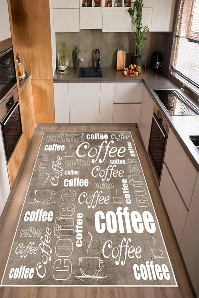 Coffee Yazılı Baskılı Kaymaz Yıkanabilir Mutfak Halısı Yolluk 50 x 60 cm Vizon ürün görseli 1