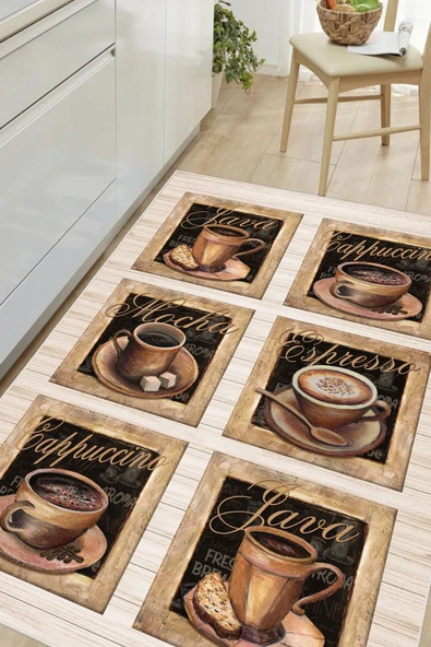Kahve Fincan Desenli Baskılı Kaymaz Yıkanabilir Mutfak Halısı Yolluk 100 x 250 cm Bej ürün görseli 1