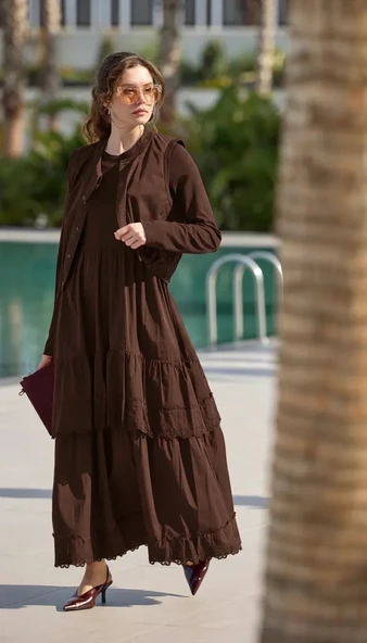 Misswhence Yelekli Poplin Elbise 39834 KAHVE ürün görseli 1