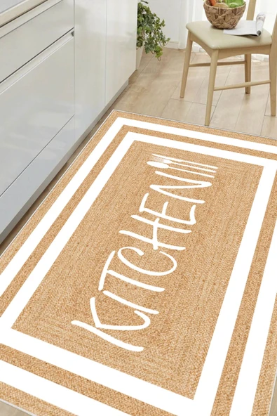Çerçeveli Kitchen Yazılı Baskılı Kaymaz Yıkanabilir Mutfak Halısı Yolluk 100 x 250 cm Beyaz ürün görseli 1