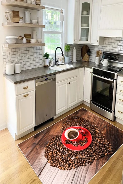 Kahve Temalı Fincan Desenli Baskılı Kaymaz Yıkanabilir Mutfak Halısı Yolluk 100 x 150 cm Kahverengi ürün görseli 1