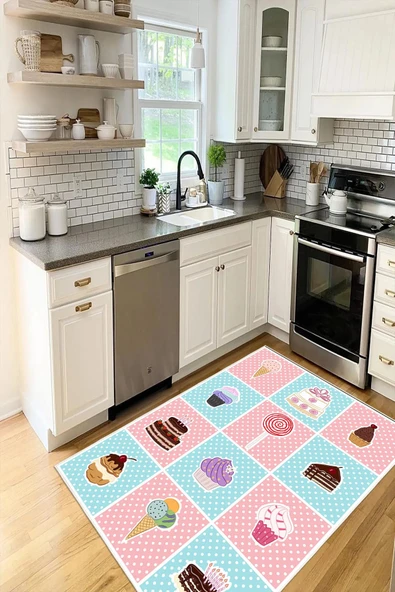 Cupcake Dondurma Desenli Baskılı Kaymaz Yıkanabilir Mutfak Halısı Yolluk 80 x 300 cm Çok Renkli ürün görseli 1