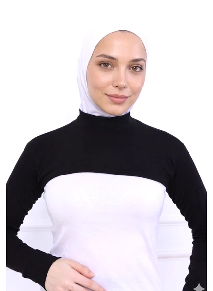 Alivascarf Balıkçı Yaka Boyunluklu Kolluk Siyah - Likralı Dik Yakalı Kadın Body Tesettür Crop Bolero ürün görseli 1
