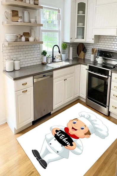 Mutfak Temalı Aşçı Desenli Baskılı Kaymaz Yıkanabilir Mutfak Halısı Yolluk 100 x 200 cm Beyaz ürün görseli 1