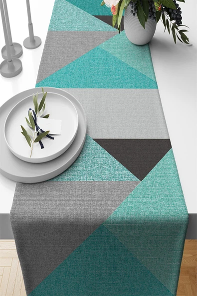 Turkuaz Geometrik Desenli Premium Masa Örtüsü Runner RNR608 ürün görseli 1