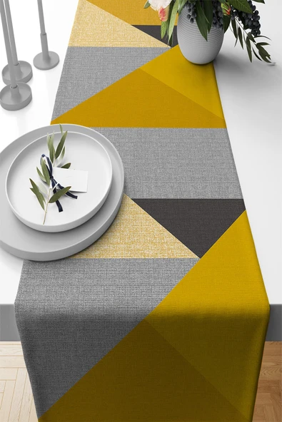 Hardal Geometrik Desenli Premium Masa Örtüsü Runner RNR611 ürün görseli 1