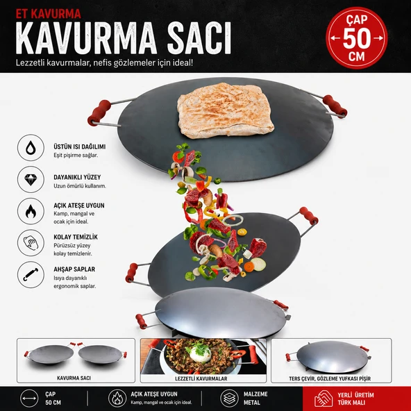50 cm AHŞAP KULPLU ÇİFT TARAFLI KAVURMA ve GÖZLEME SACI ürün görseli 1