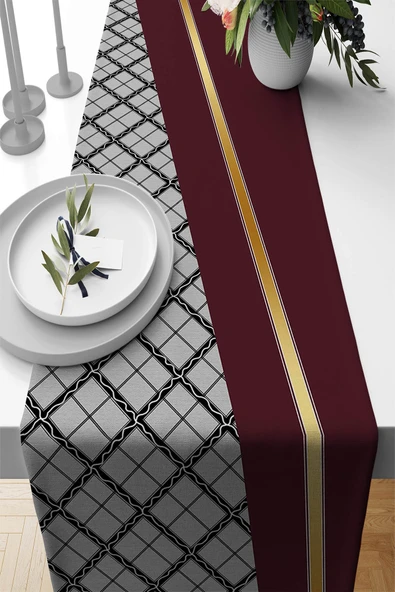 Bordo Ekoseli Desen Premium Masa Örtüsü Runner RNR600 ürün görseli 1