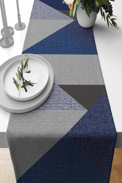 Lacivert Geometrik Desenli Premium Masa Örtüsü Runner RNR610 ürün görseli 1