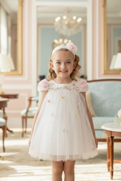 Kız Bebek Tül ve Kelebek  Detaylı Elbise Ekru (6-24 Ay) 36075PR ürün görseli 1