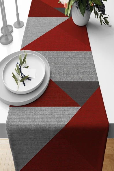 Kırmızı Geometrik Desenli Premium Masa Örtüsü Runner RNR605 ürün görseli 1