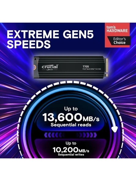 Crucial T705 1TB PCIe Gen5 NVMe M.2 SSD CT1000T705SSD5 (13600-10200 MBs) Heatsink Soğutuculu - Resim 3